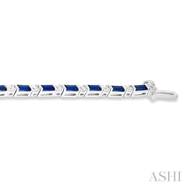 1 1/10 ctw Art Deco 4X2 MM Baguette Cut Sapphire and Round Cut Diamond Precious Bracelet in 14K White Gold