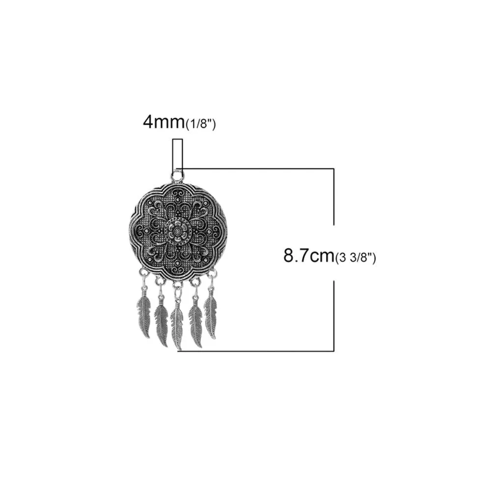 1 Pc Tibetan Silver FEATHER FLOWER CARVED 87mm x 47mm Charms Pendants, Lead & Nickel Free Metal Charms Pendants Beads