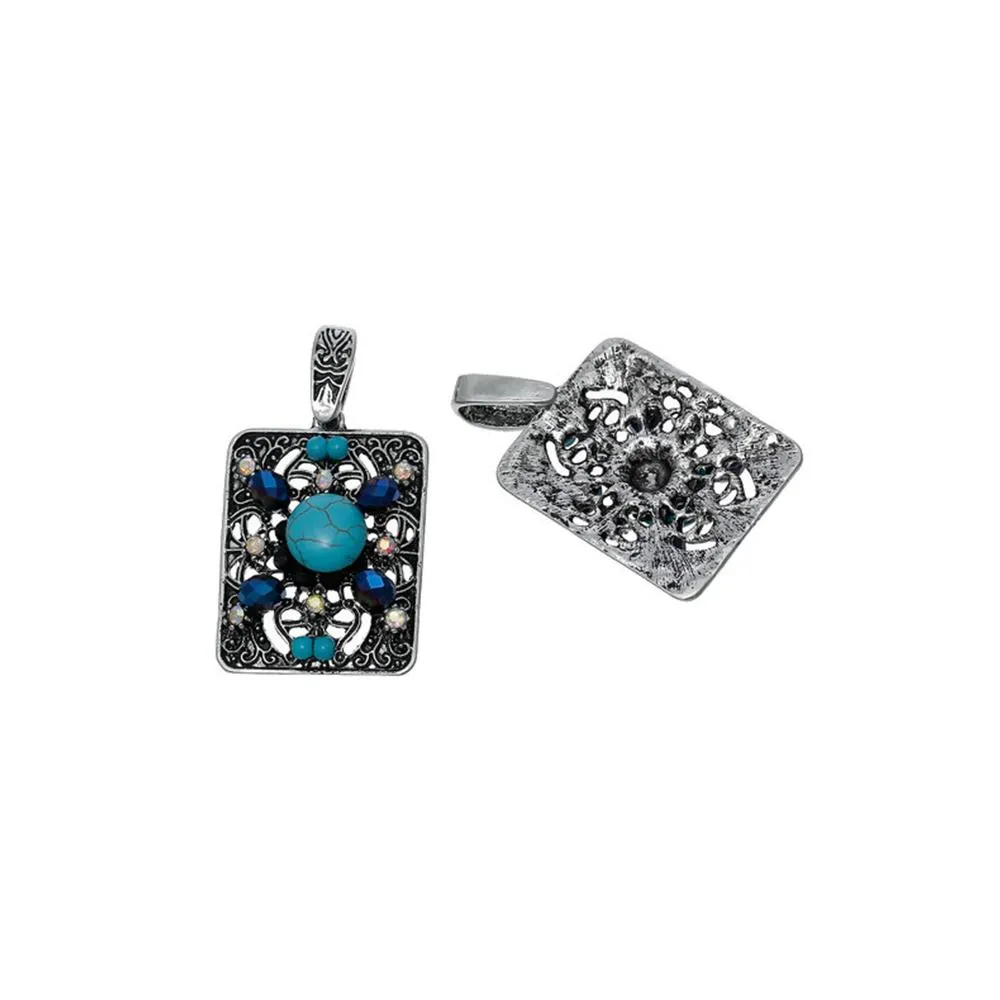 1 Pc Tibetan Silver RECTANGLE FLOWER HALLOW CARVED AB COLOUR RHINESTONE BLUE 62mm x 35mm Charms Pendants, Lead & Nickel Free Metal Charms Pendants Beads