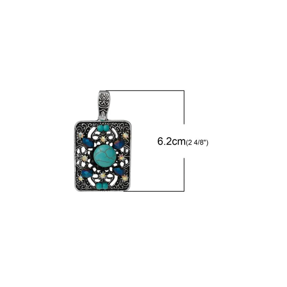 1 Pc Tibetan Silver RECTANGLE FLOWER HALLOW CARVED AB COLOUR RHINESTONE BLUE 62mm x 35mm Charms Pendants, Lead & Nickel Free Metal Charms Pendants Beads