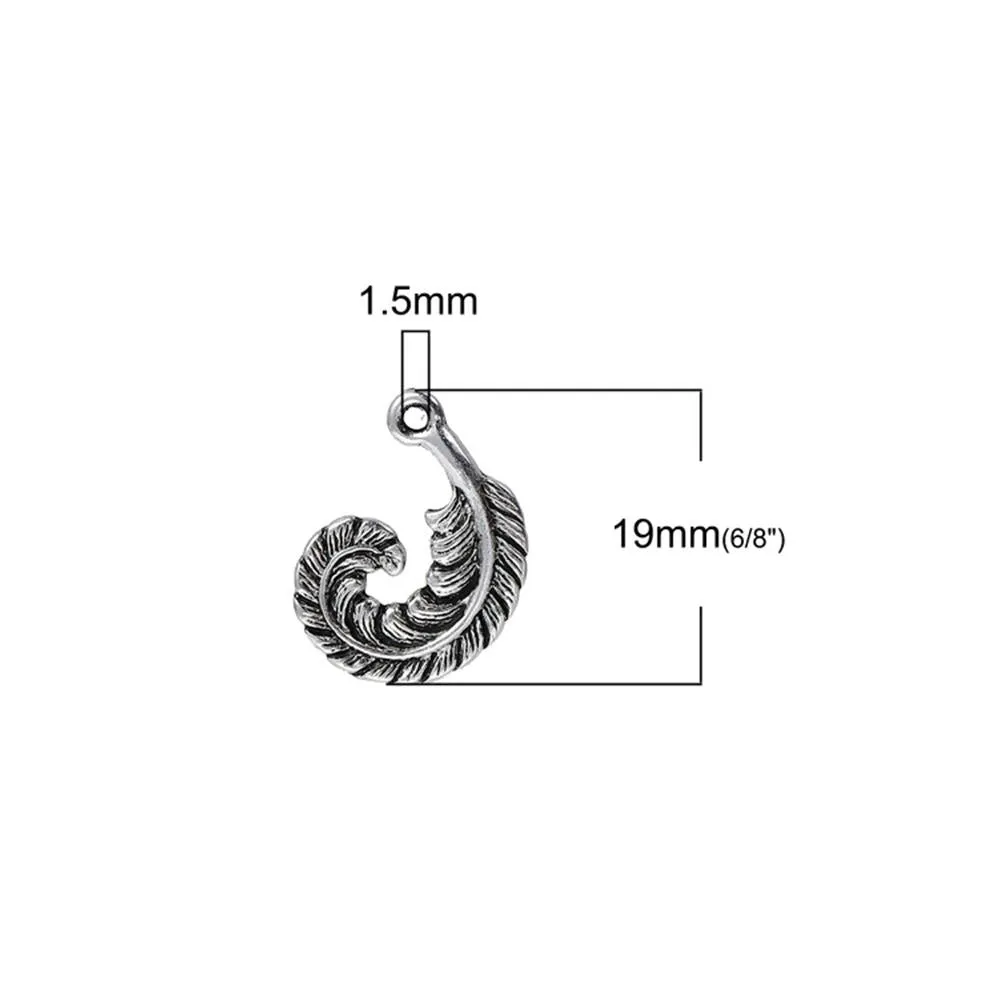 10 Pcs Tibetan Silver CURLED FEATHER 19mm x 15mm Charms Pendants, Lead & Nickel Free Metal Charms Pendants Beads