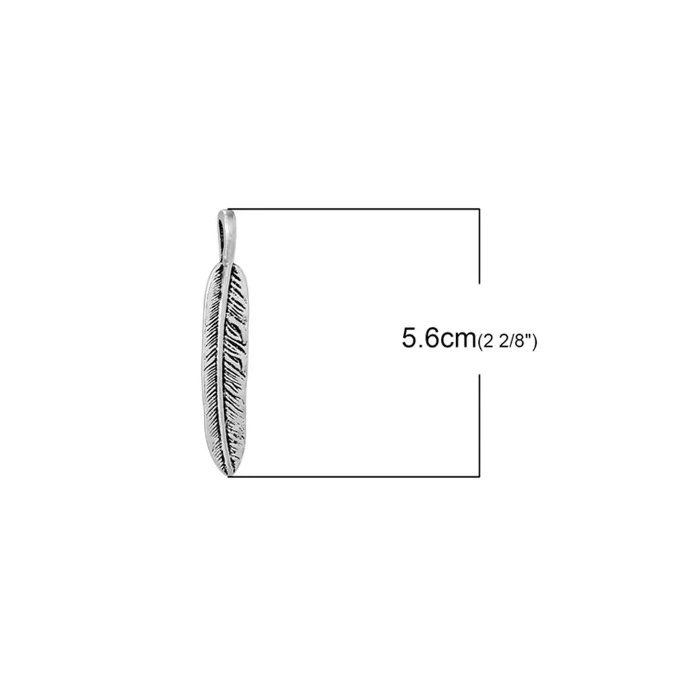 10 Pcs Tibetan Silver FEATHER 56mm x 10mm (HOLE - 6.5mm x 3.1mm) Charms Pendants, Lead & Nickel Free Metal Charms Pendants Beads