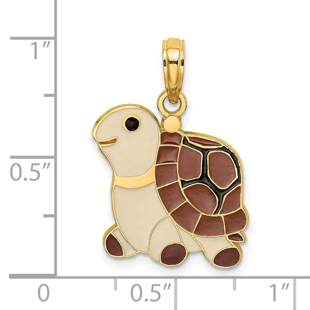 14k Yellow Gold Casted Solid Polished Finish Brown, Tan and Black Enamel Turtle Charm Pendant