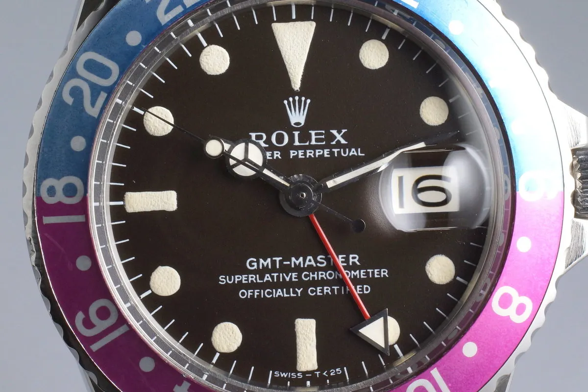 1968 Rolex GMT 1675 Brown Mark I Dial with Fuchsia Insert