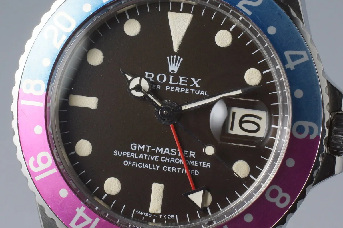 1968 Rolex GMT 1675 Brown Mark I Dial with Fuchsia Insert