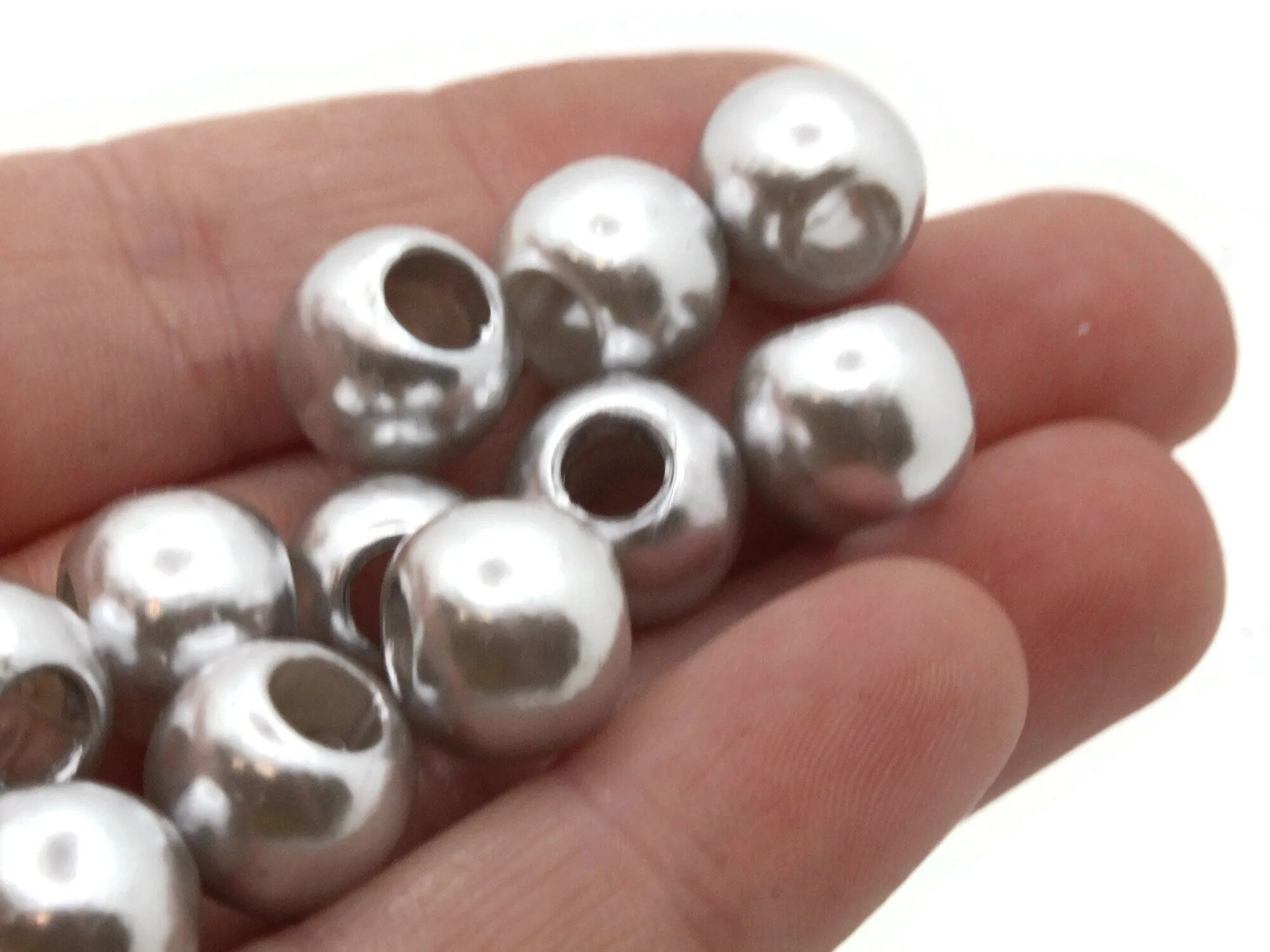 40 12mm Large Hole Silver Grey Round Plastic Pearl Beads