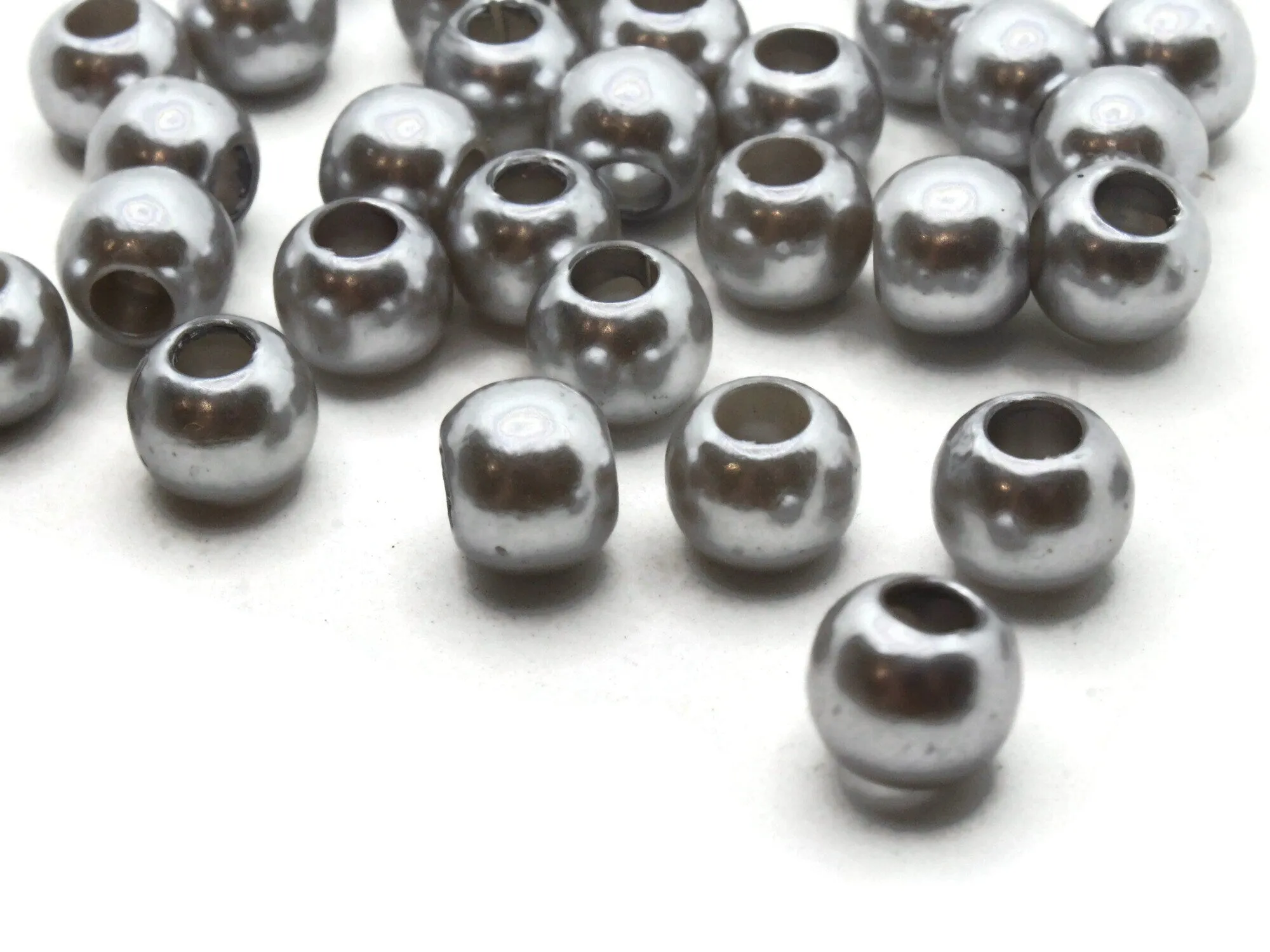 40 12mm Large Hole Silver Grey Round Plastic Pearl Beads