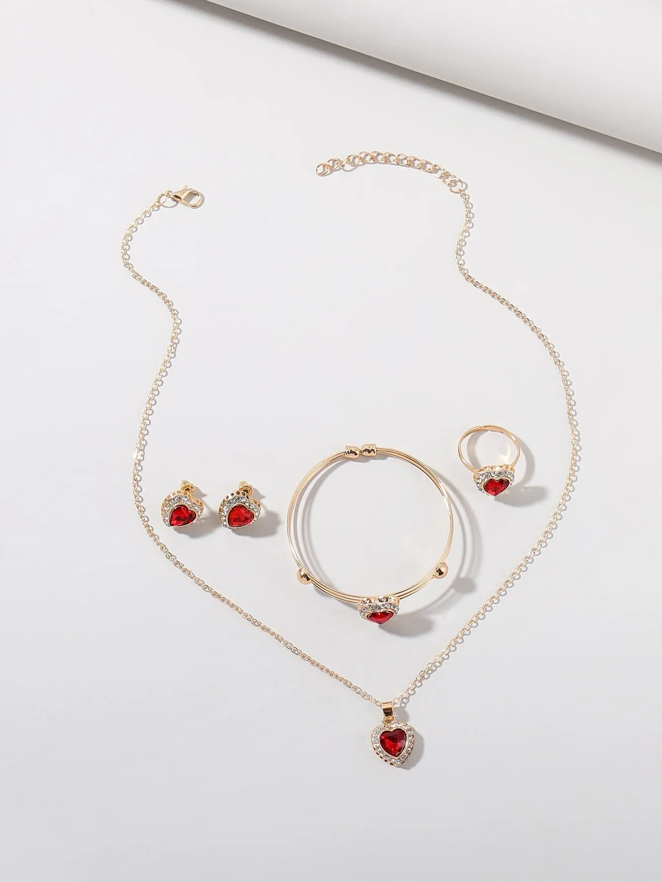 5pcs Rhinestone Red Heart Decor Jewelry Set for Women Party Jewelry