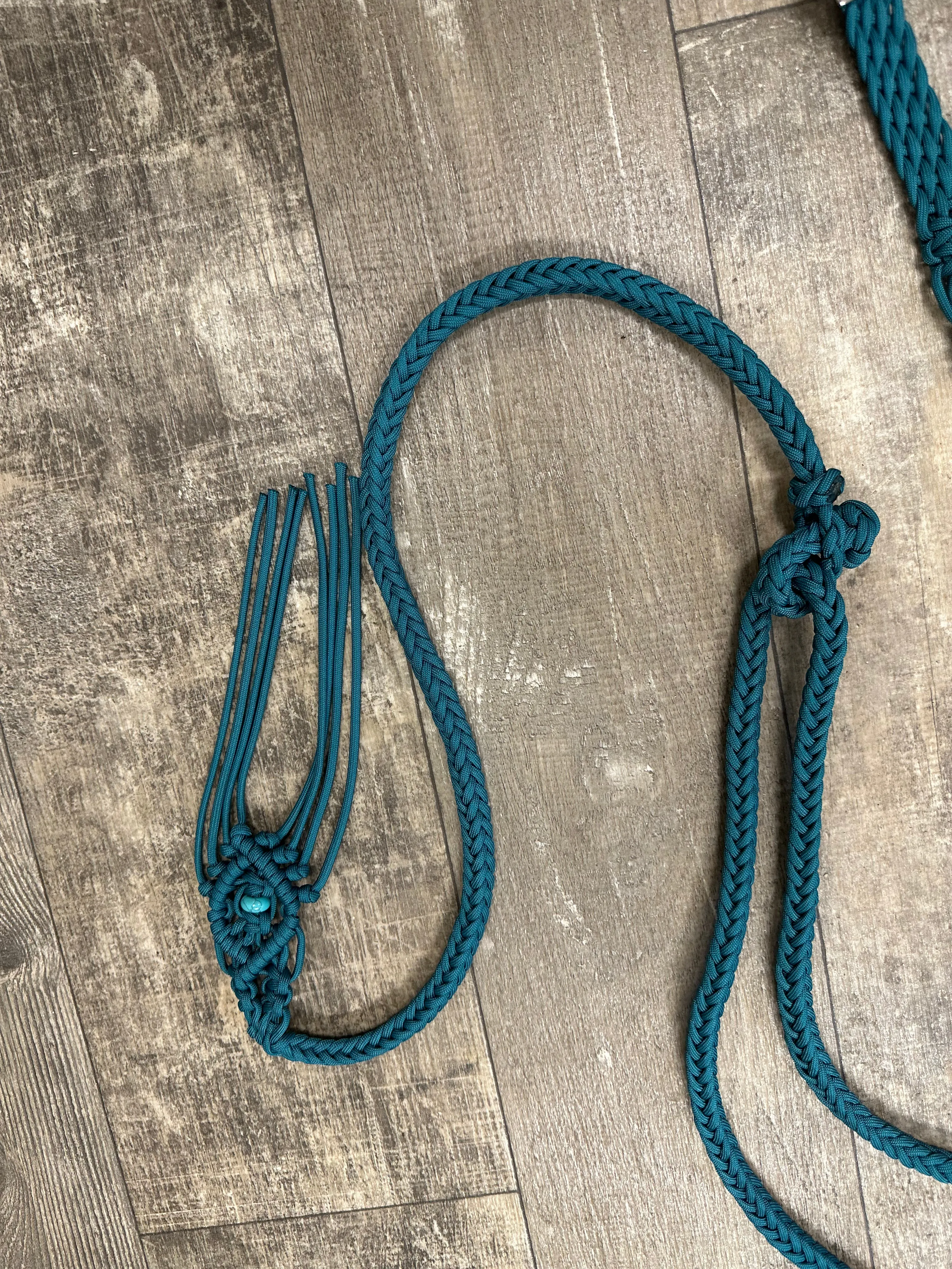 8' Fancy  braided beaded teal loop reins with turquoise howlite and a romal.