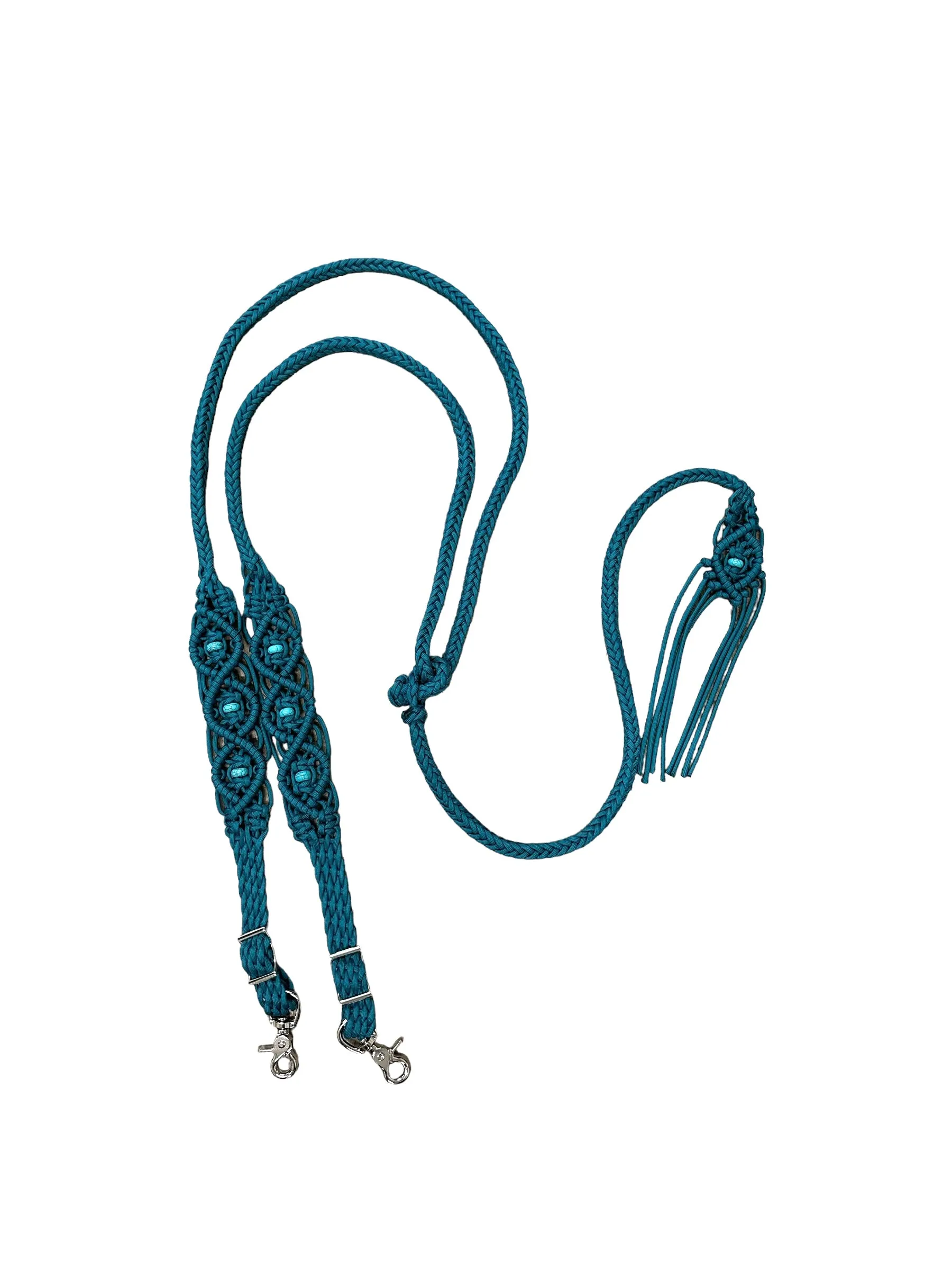 8' Fancy  braided beaded teal loop reins with turquoise howlite and a romal.