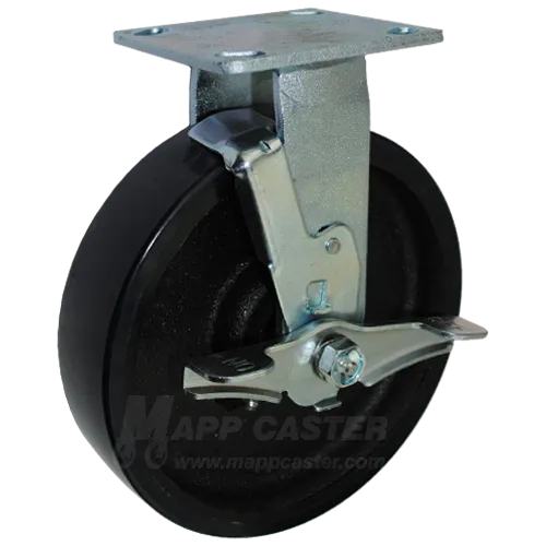 8" x 2" Polyurthane on Iron Wheel Rigid Brake Caster - 1,250 Lbs Capacity