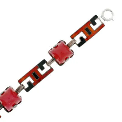 Art Deco Sterling Enamel & Faux Carnelian Link Bracelet