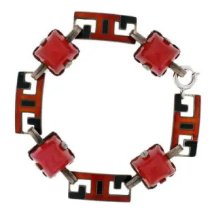 Art Deco Sterling Enamel & Faux Carnelian Link Bracelet