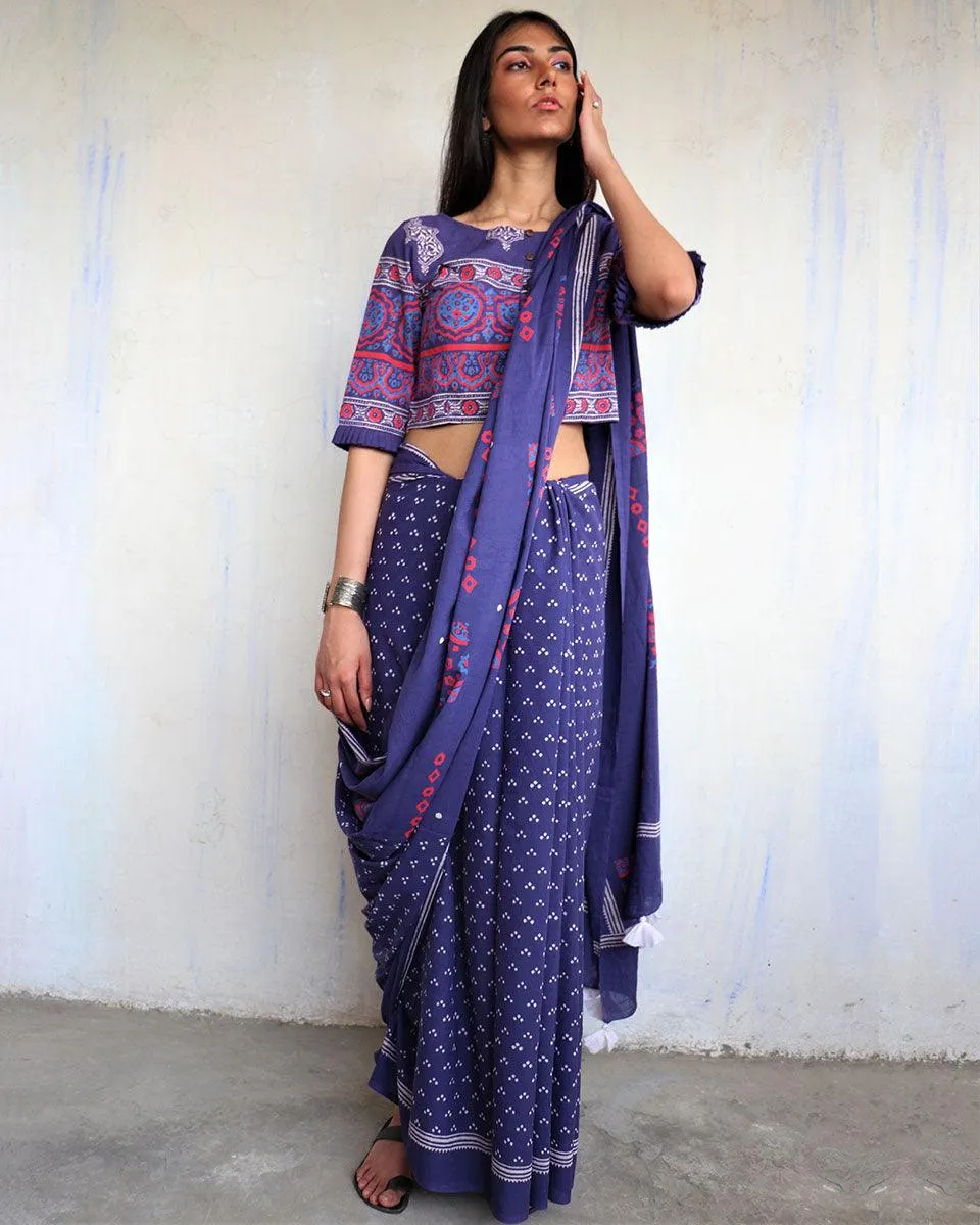 Azia Handblockprinted Cotton Saree - Ajooni