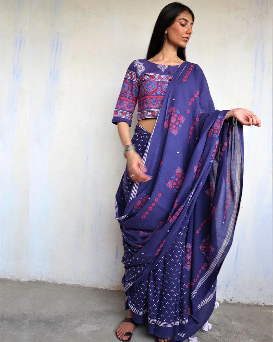 Azia Handblockprinted Cotton Saree - Ajooni