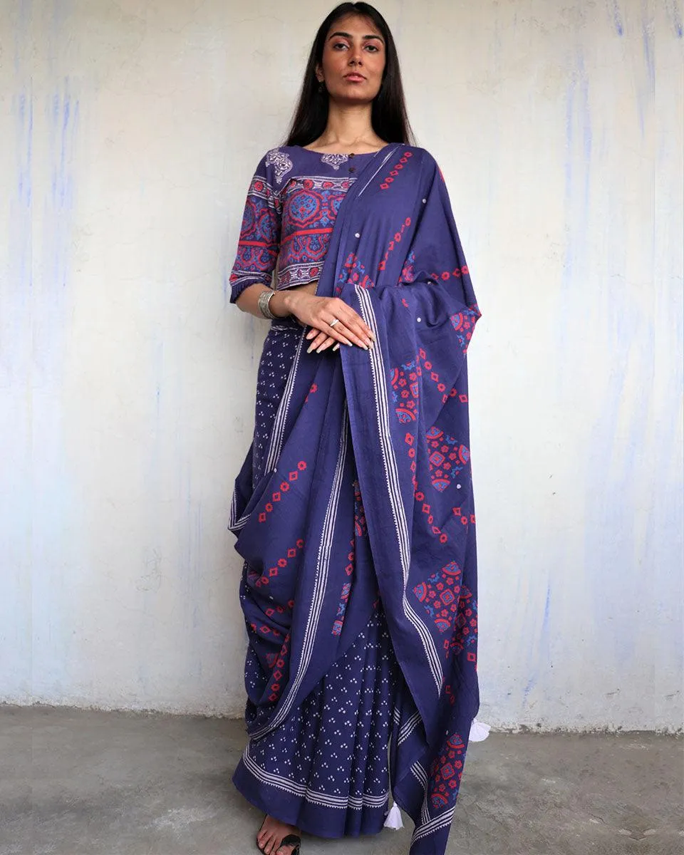 Azia Handblockprinted Cotton Saree - Ajooni