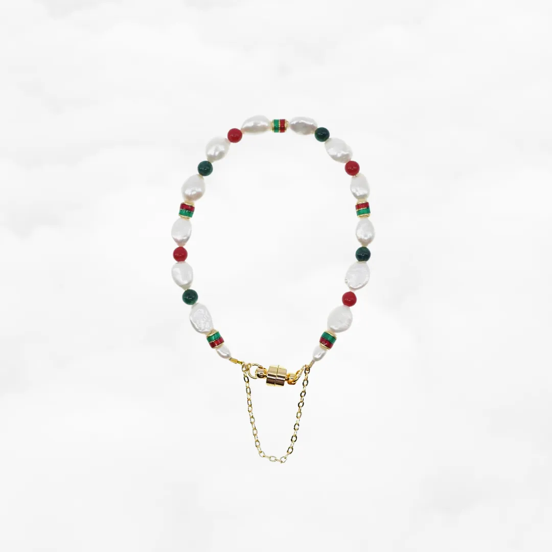 Baroque Pearl Necklace and Bracelet Set (Red and Green)