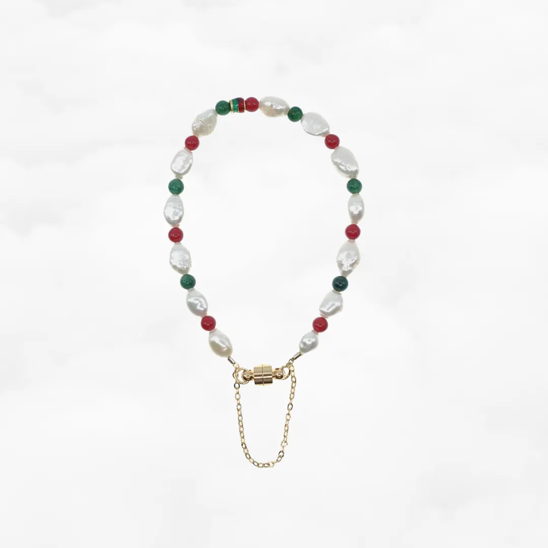 Beaded Baroque Pearl Bracelet (Red and Green)