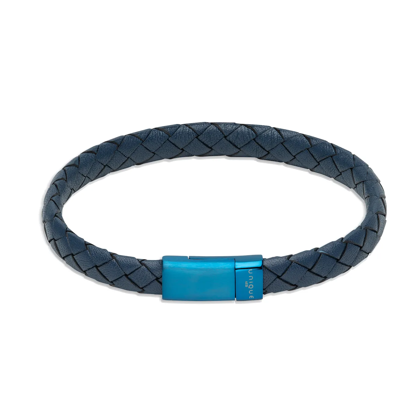 Blue domed leather bracelet with blue clasp