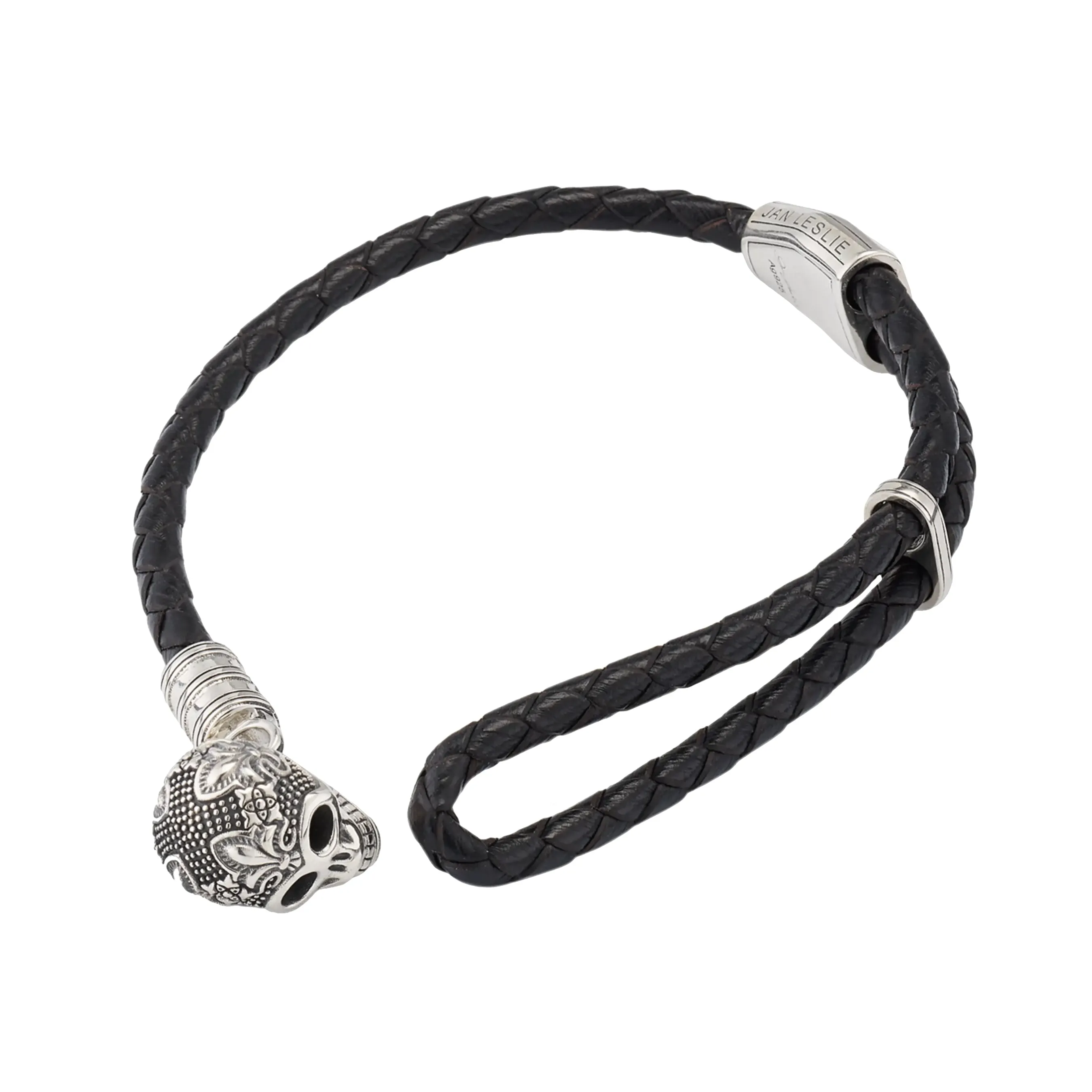 Braided Leather Sterling Skull Bracelet