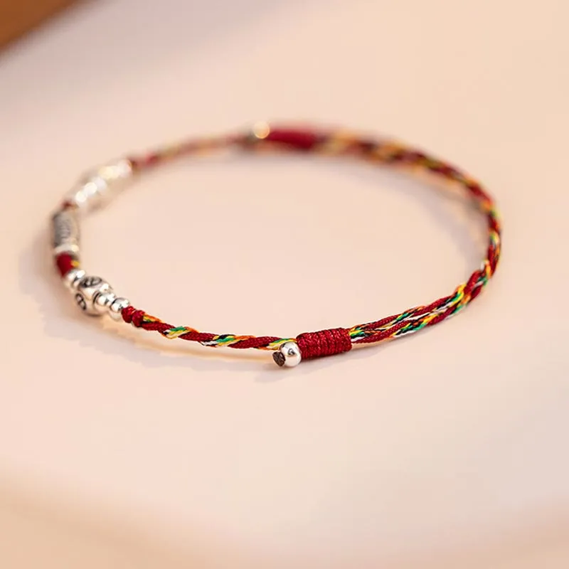 Buddha Stones 925 Sterling Silver Luck Koi Fish Braided Colorful String Bracelet Anklet