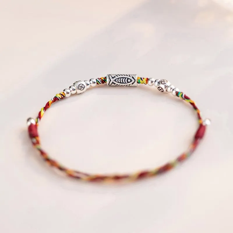 Buddha Stones 925 Sterling Silver Luck Koi Fish Braided Colorful String Bracelet Anklet