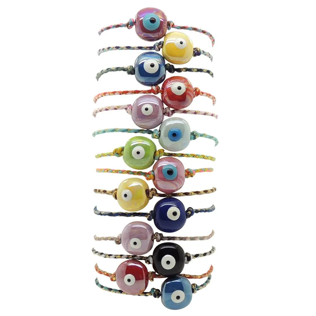 Ceramic Evil Eye Bubble Charm Multicolour Braid Cord Bracelet