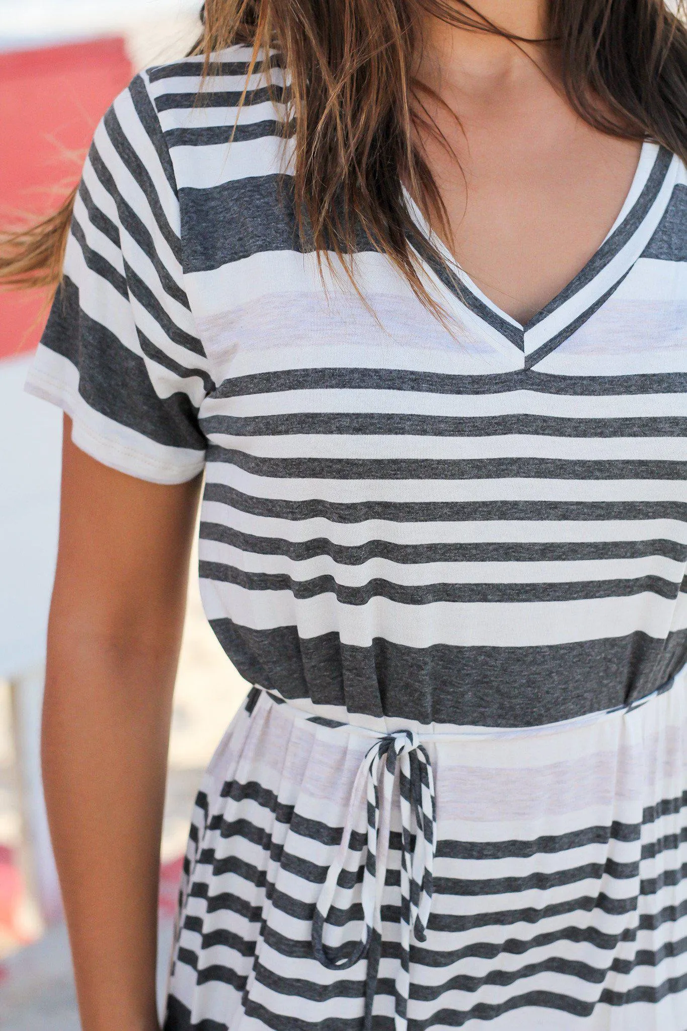 Charcoal Striped Maxi Dress with Slit