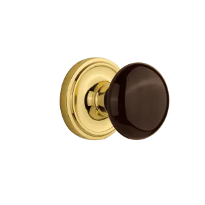 Classic Rosette with Brown Porcelain Knob in Unlacquered Brass