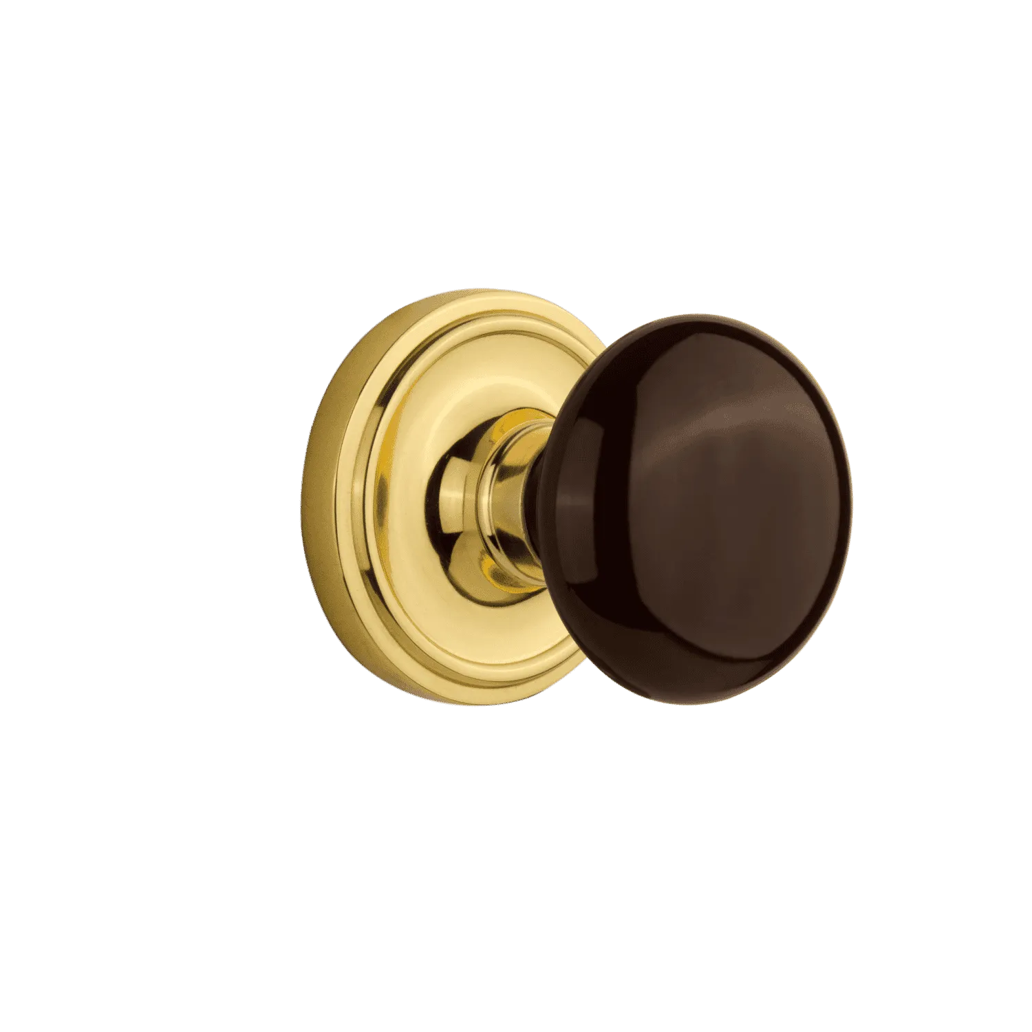 Classic Rosette with Brown Porcelain Knob in Unlacquered Brass