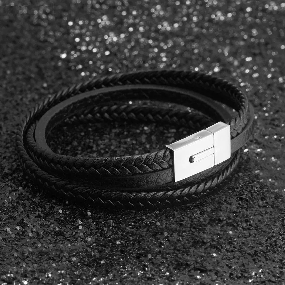 Classy Genuine Leather Braided Bracelets for Men with Stainless Steel Details