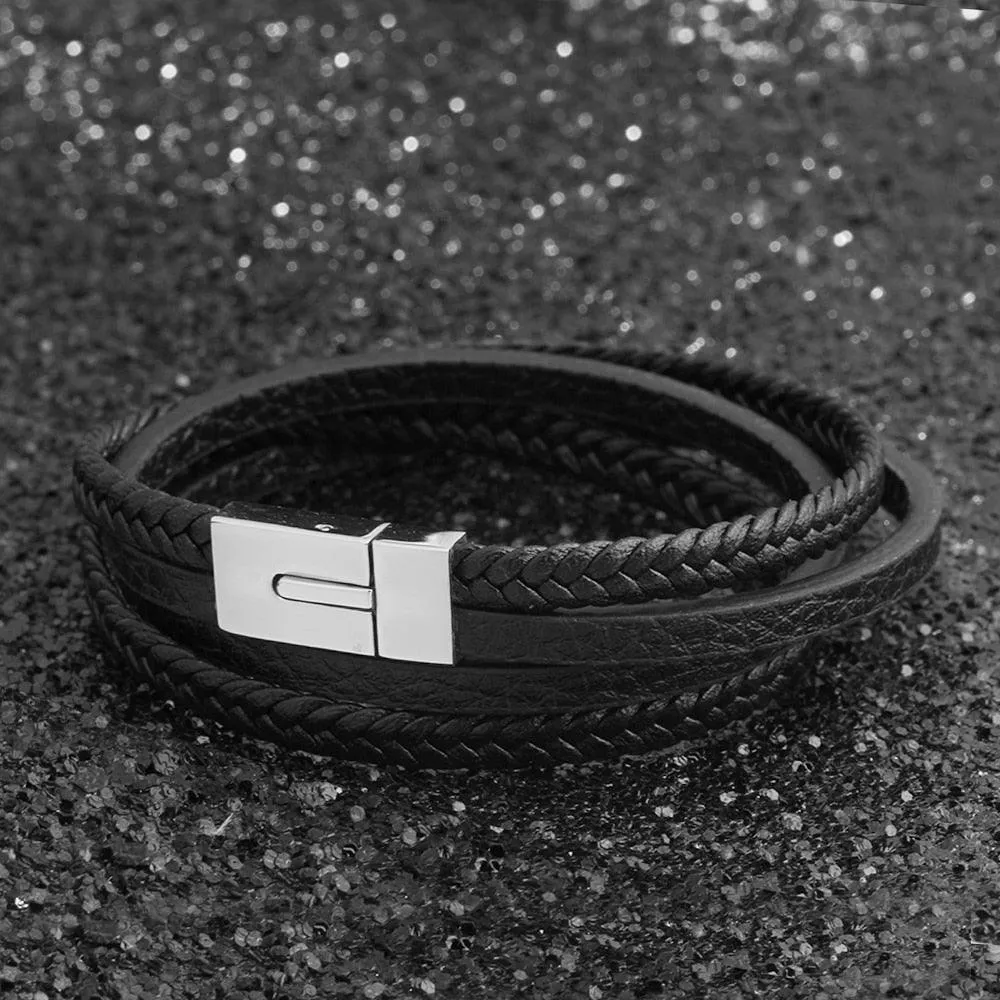 Classy Genuine Leather Braided Bracelets for Men with Stainless Steel Details