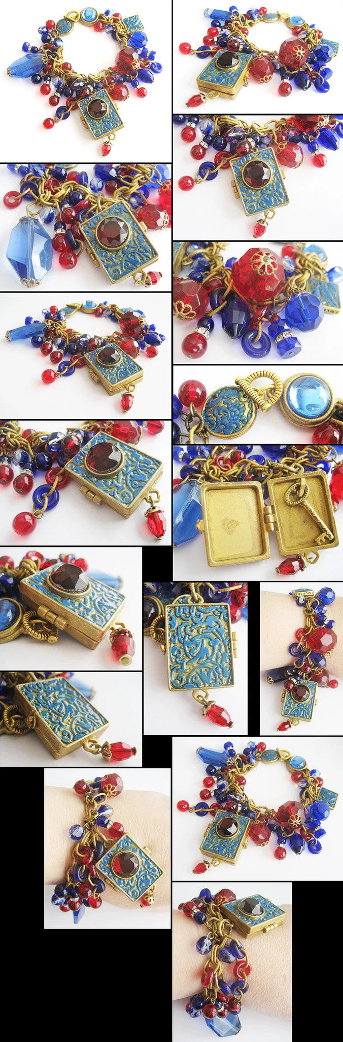 Cobalt and Ruby Glass Charm Bracelet with Ornate Locket & Key