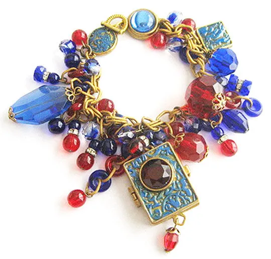 Cobalt and Ruby Glass Charm Bracelet with Ornate Locket & Key