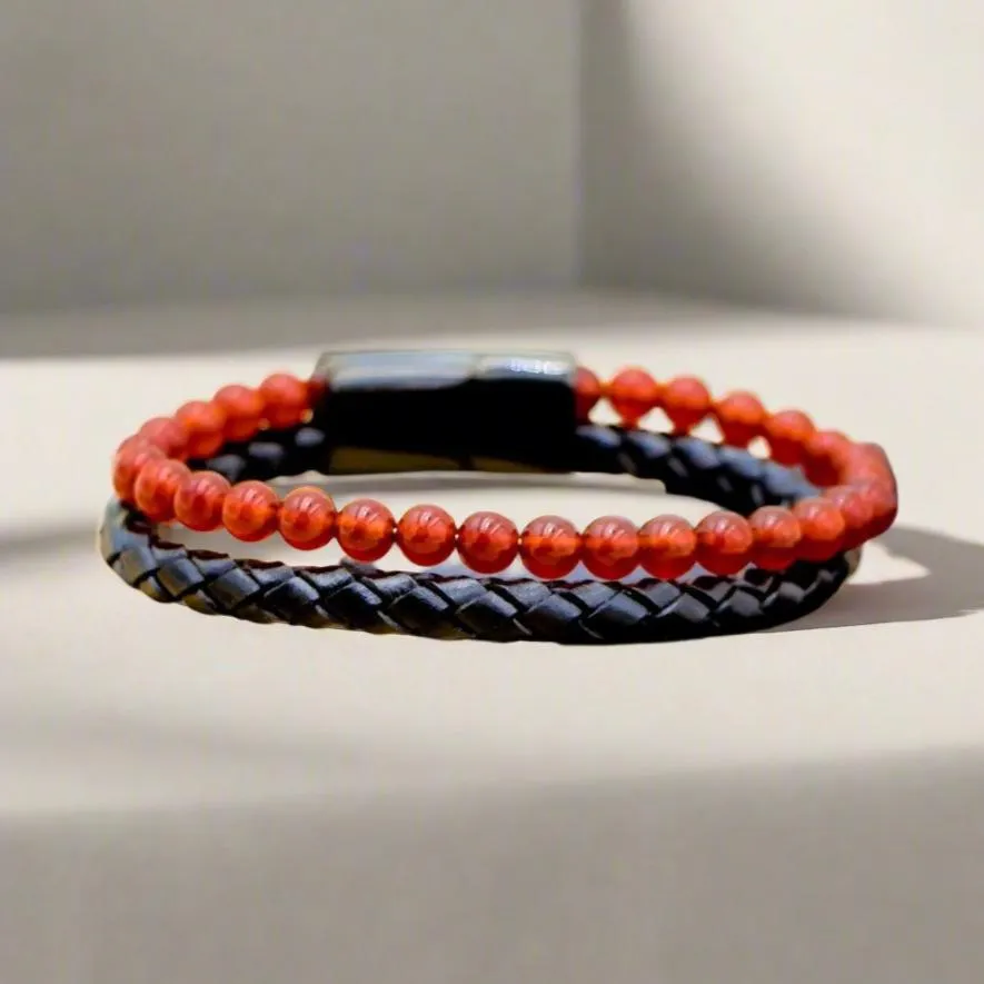 Confidence Building Fiery Red Agate Leather Beaded Bracelet – Ignite Your Inner Warrior