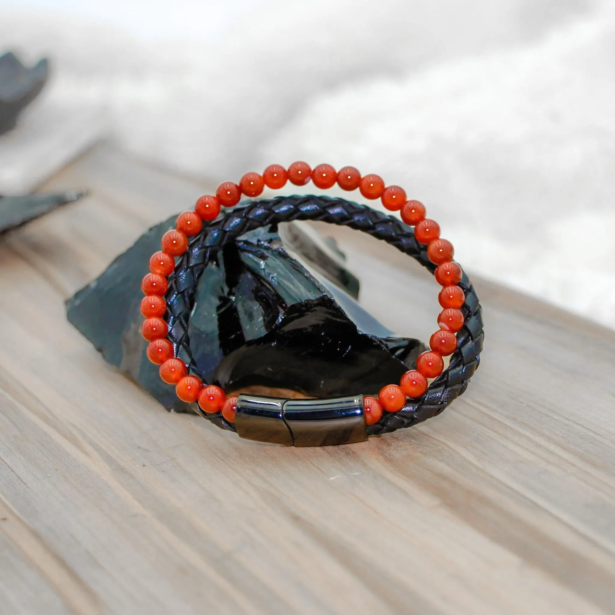 Confidence Building Fiery Red Agate Leather Beaded Bracelet – Ignite Your Inner Warrior