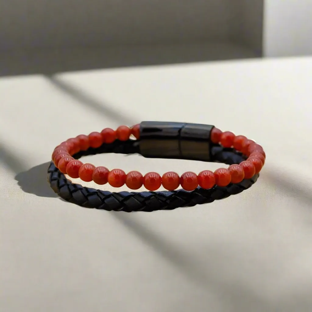 Confidence Building Fiery Red Agate Leather Beaded Bracelet – Ignite Your Inner Warrior