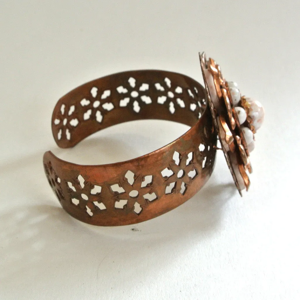 Copper and Glass Bead Floral Cuff Bracelet