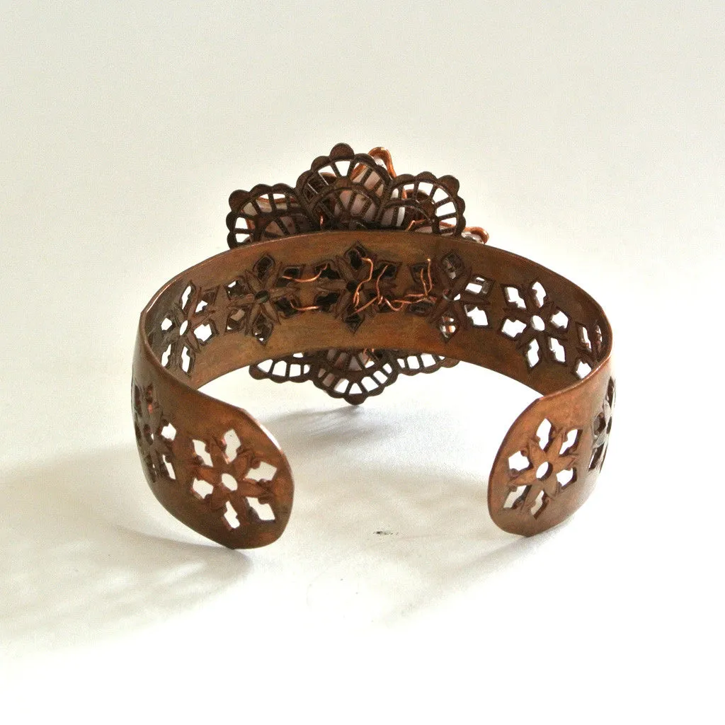 Copper and Glass Bead Floral Cuff Bracelet