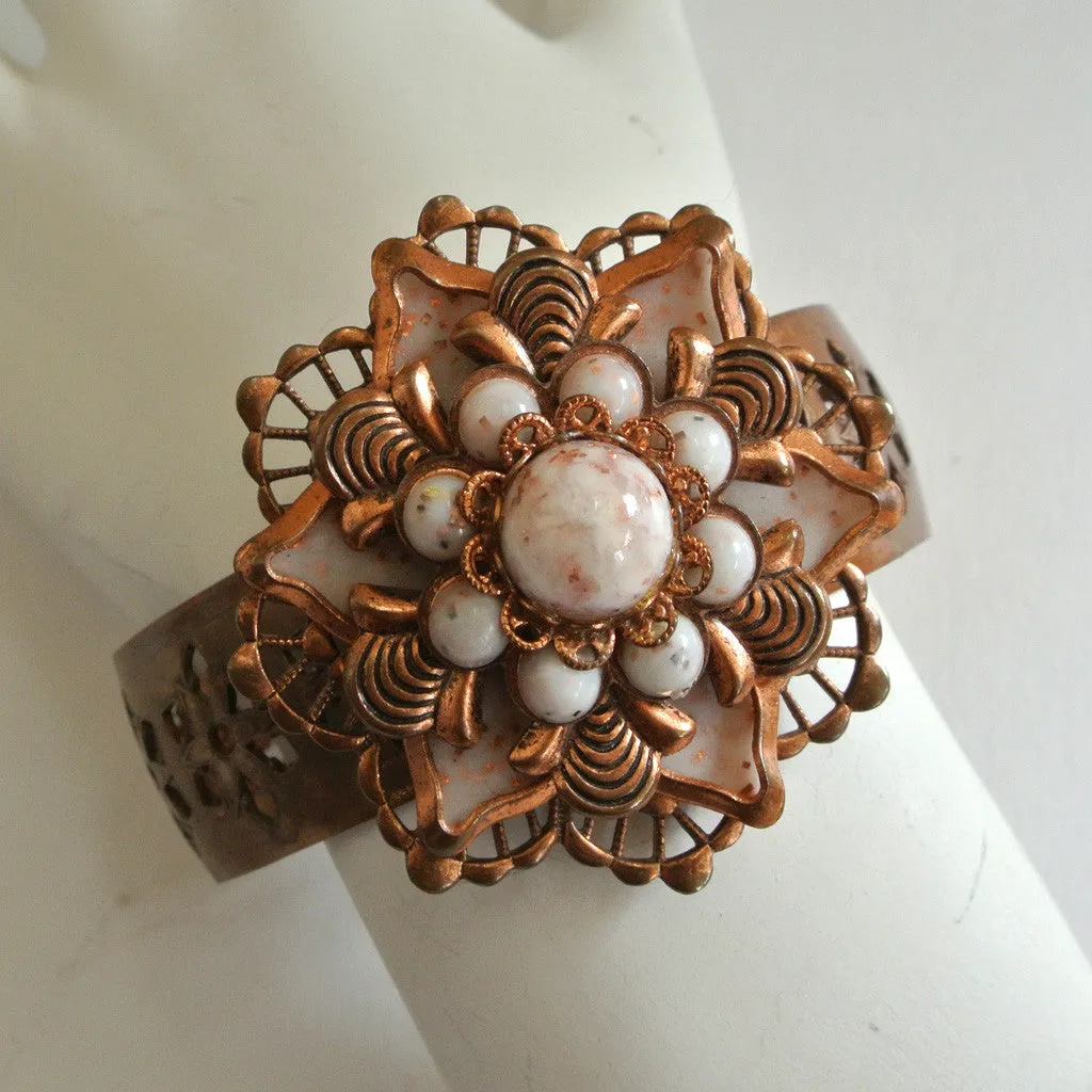 Copper and Glass Bead Floral Cuff Bracelet