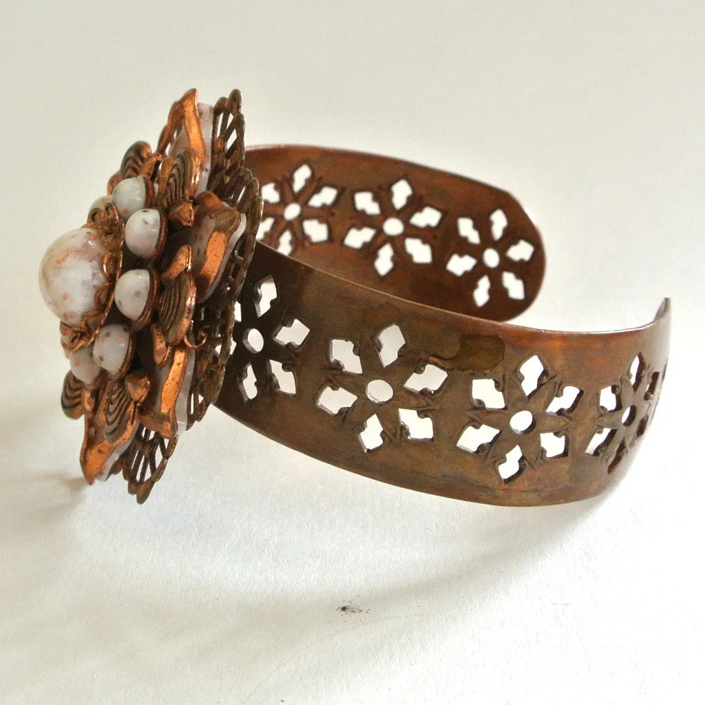 Copper and Glass Bead Floral Cuff Bracelet