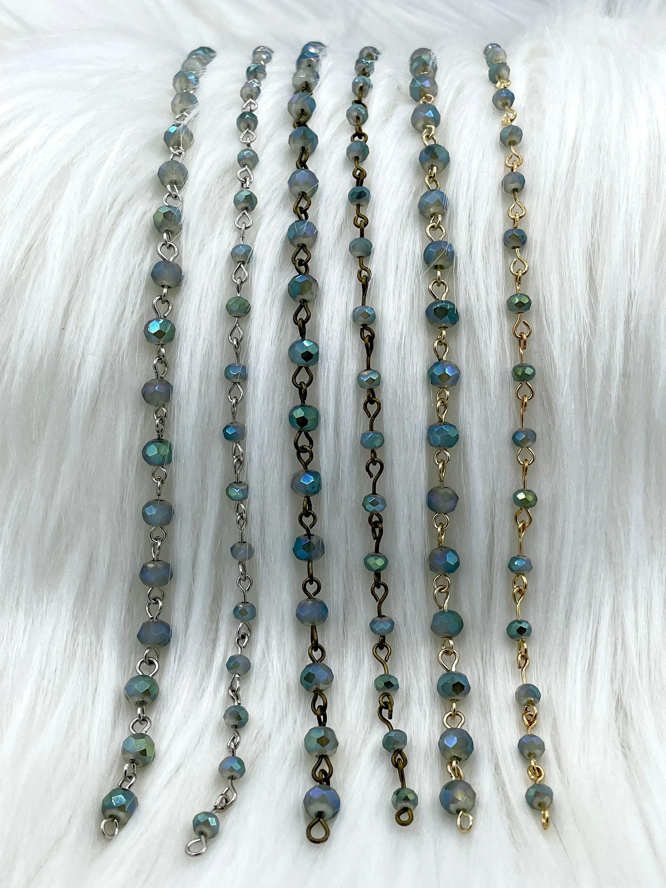 Crystal Round Iridescent Rosary faceted glass beads Beaded Chain 6mm and 4 mm Silver Gold or Bronze, pin 1 Meter (39 ") Fast Ship