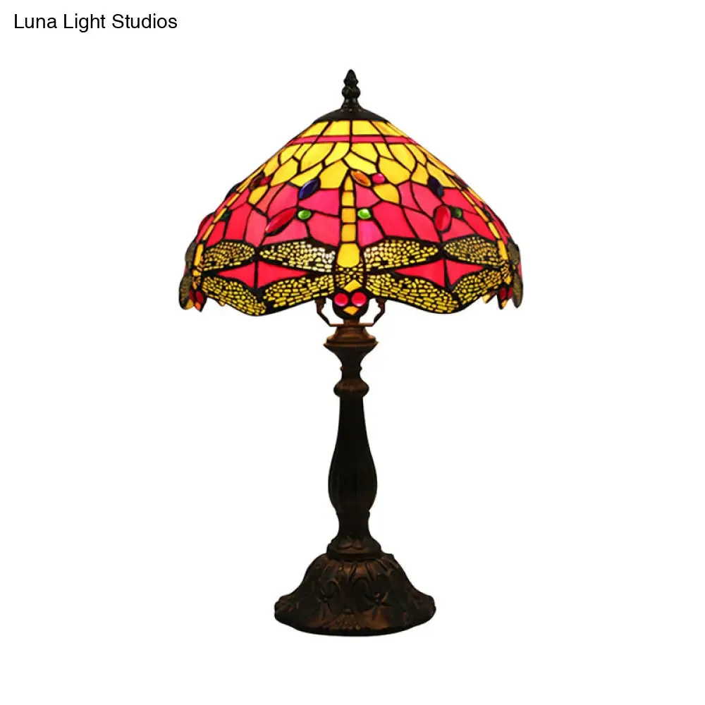 Dragonfly Table Lamp - Retro Stained Glass 1-Light Accent with Antique Bronze Finish for Study Room