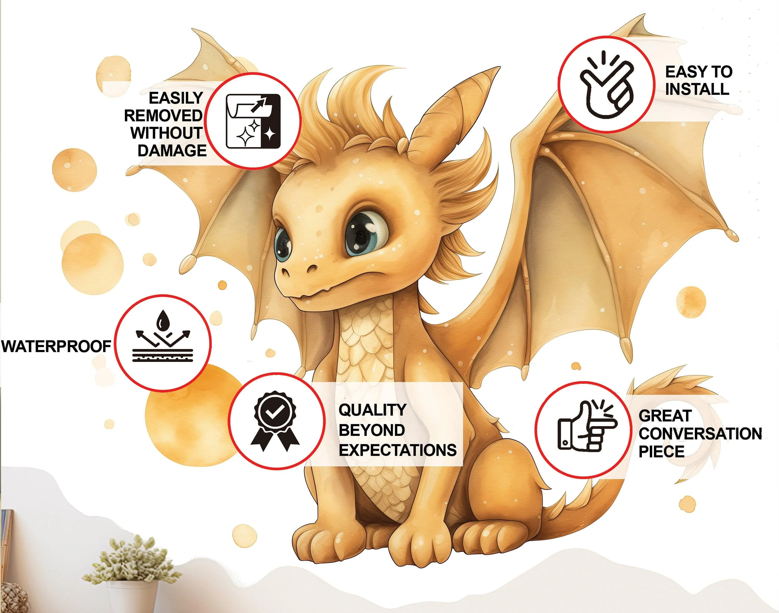 Enchanted Gold Dragon Wall Decal - Whimsical Baby Dragon Sticker Mural