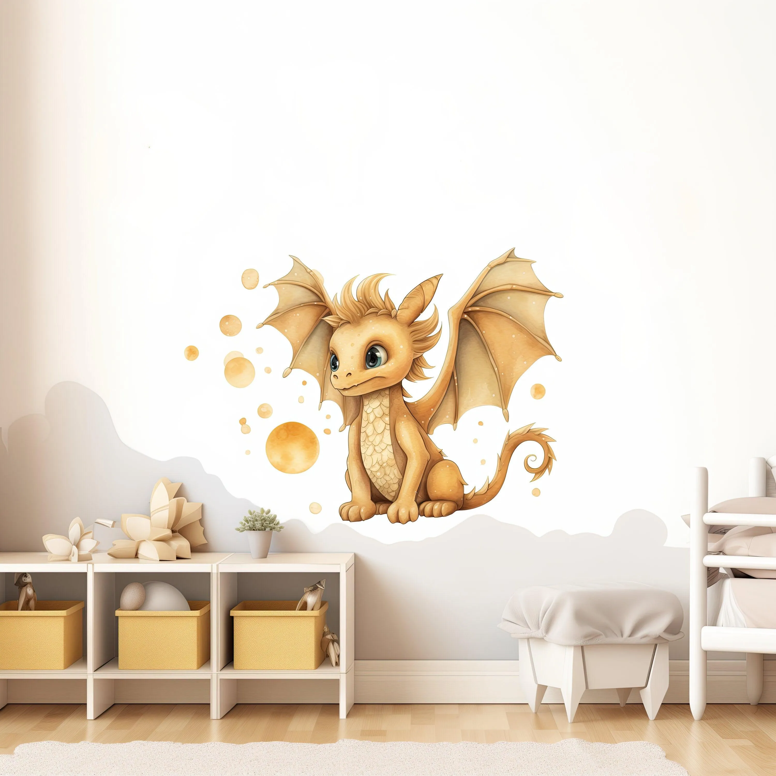 Enchanted Gold Dragon Wall Decal - Whimsical Baby Dragon Sticker Mural