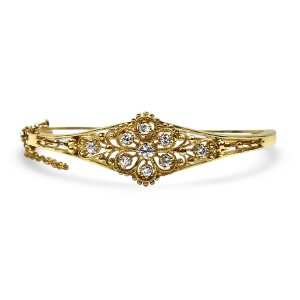 Estate 14K Yellow Gold Ornate Diamond Bangle Bracelet