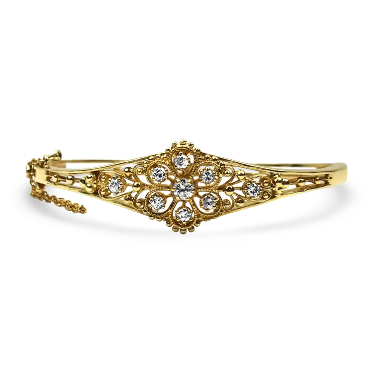 Estate 14K Yellow Gold Ornate Diamond Bangle Bracelet