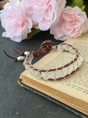 Faceted clear quartz stone, leather ladder bracelet with silver button