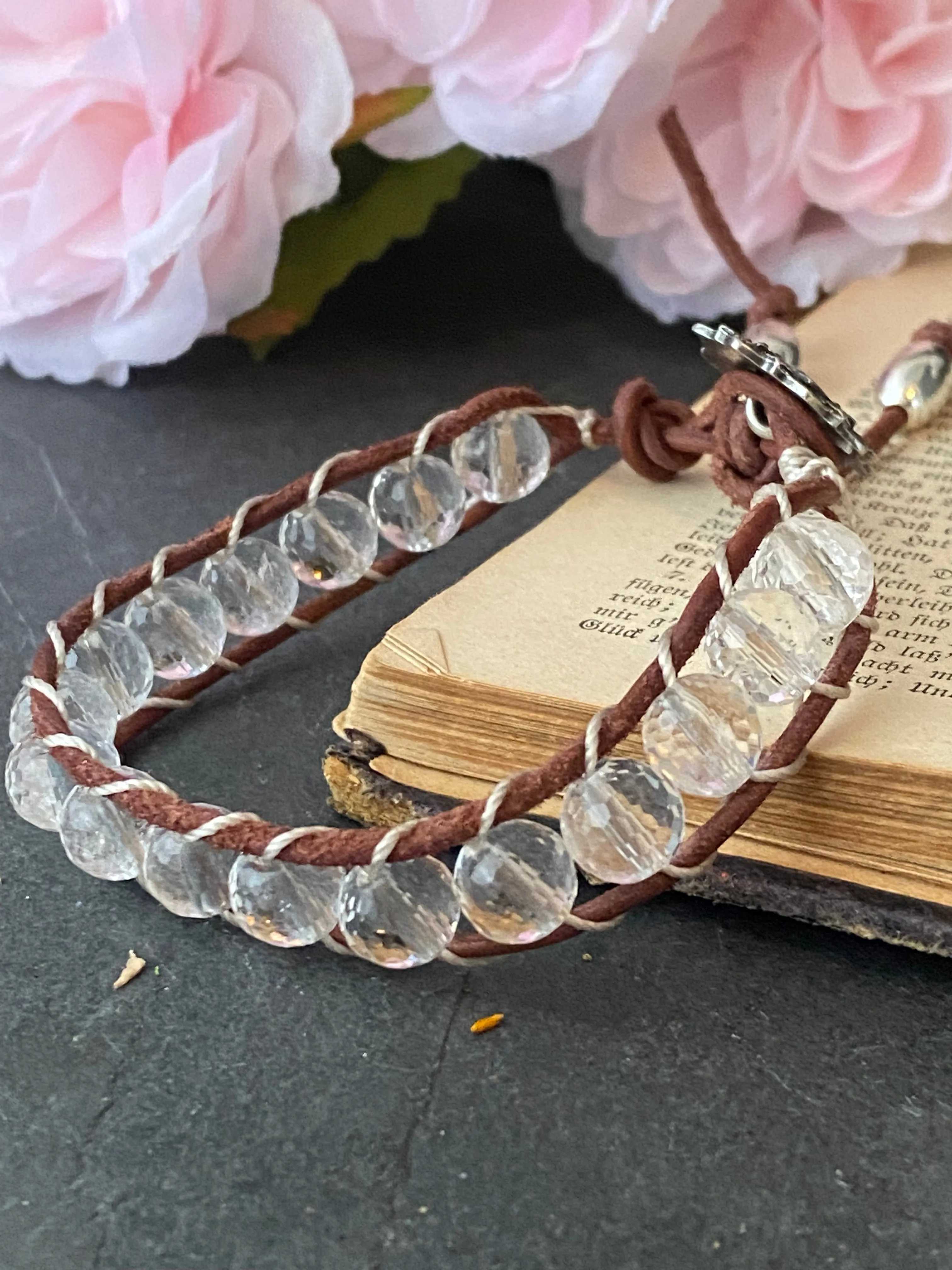 Faceted clear quartz stone, leather ladder bracelet with silver button