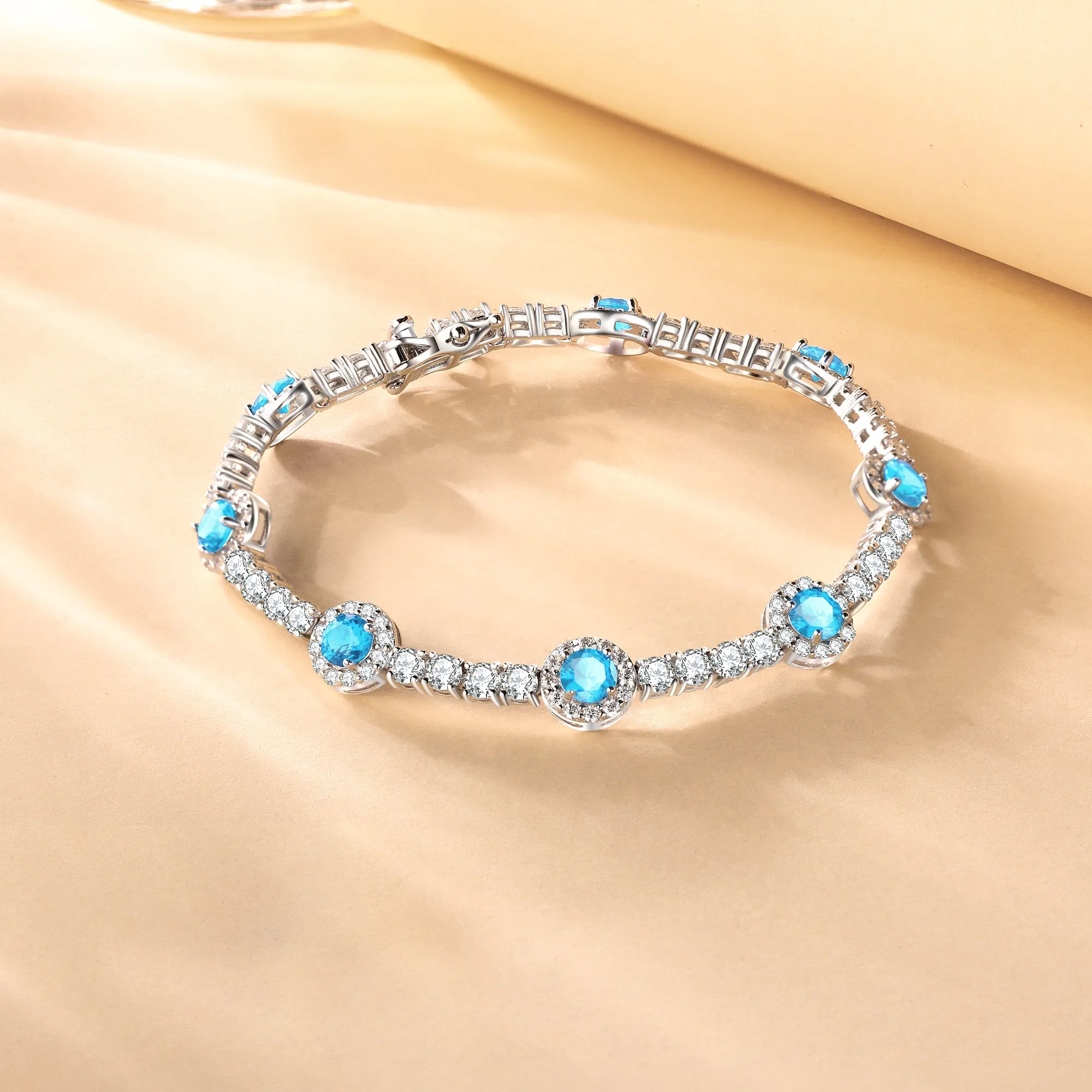 FANCIME "Noble Allure" March Birthstone Aquamarine Station Tennis Sterling Silver Bracelet